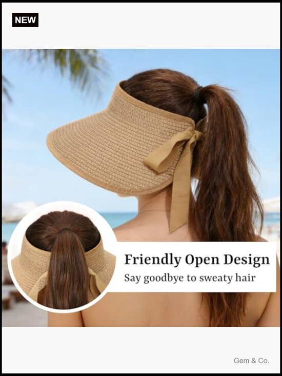 Wide Brim Straw Sun Hat with Ponytail Hole Packable Adjustable